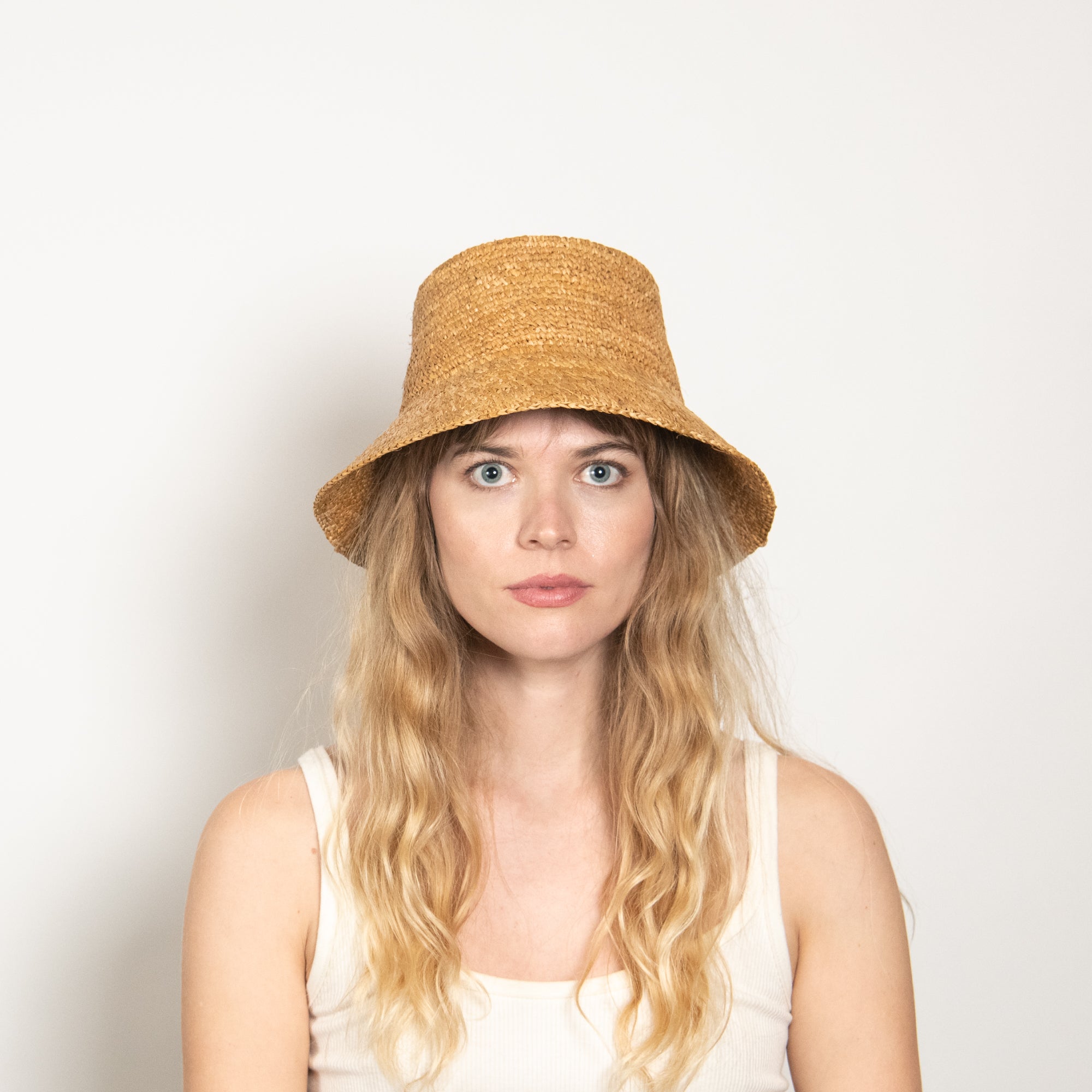 Briar Curved Bucket Hat Crafted in Raffia - Camel - Image 3
