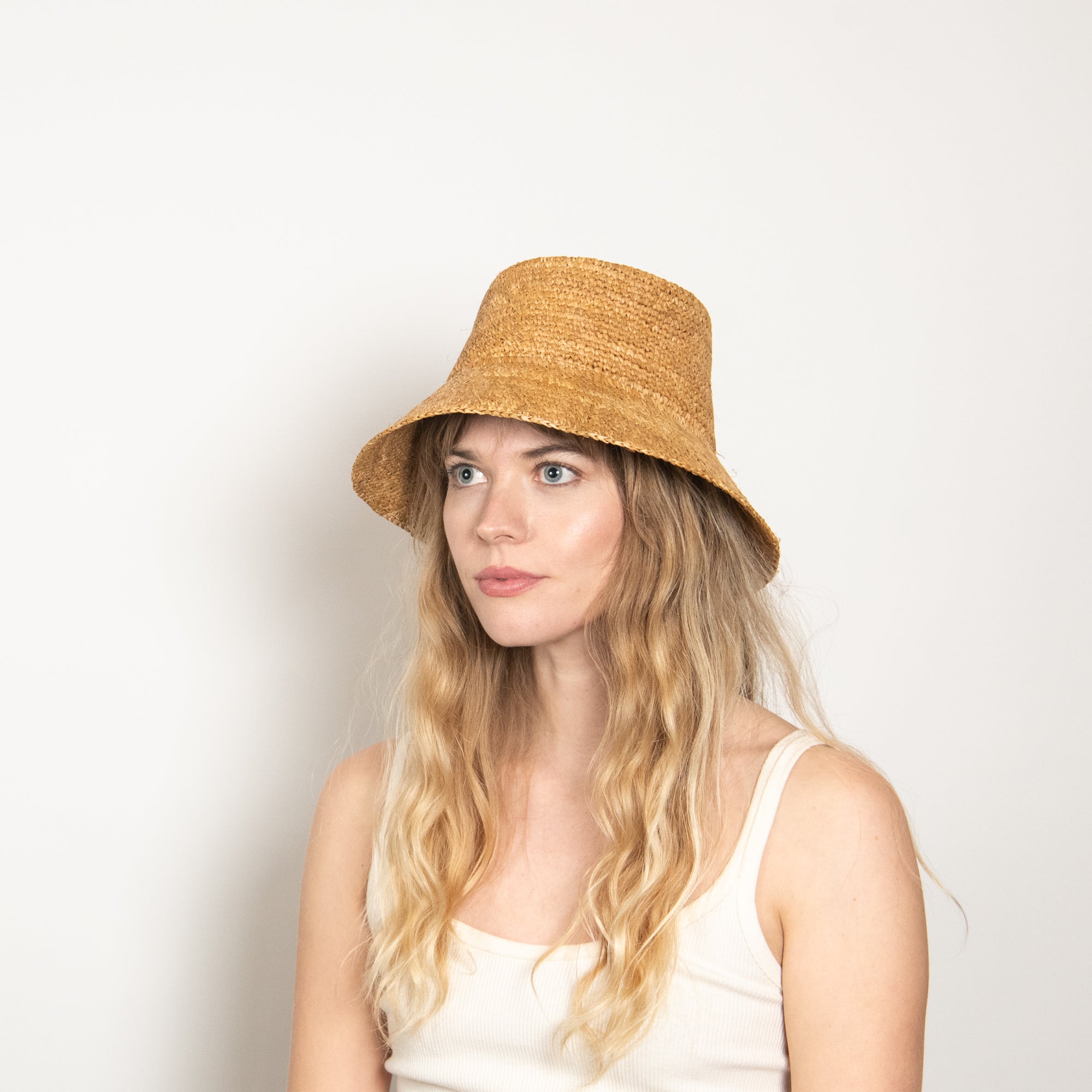 Briar Curved Bucket Hat Crafted in Raffia - Camel - Image 2