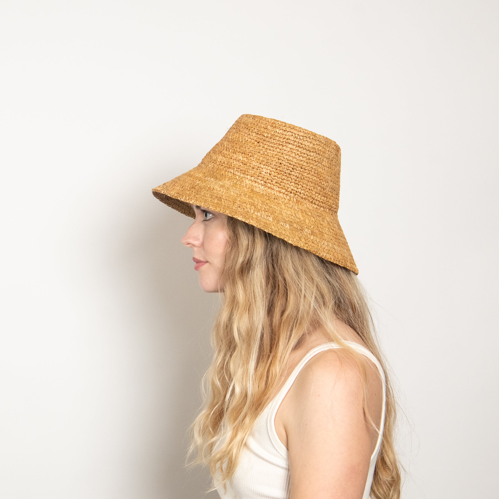 Briar Curved Bucket Hat Crafted in Raffia - Camel - Image 4