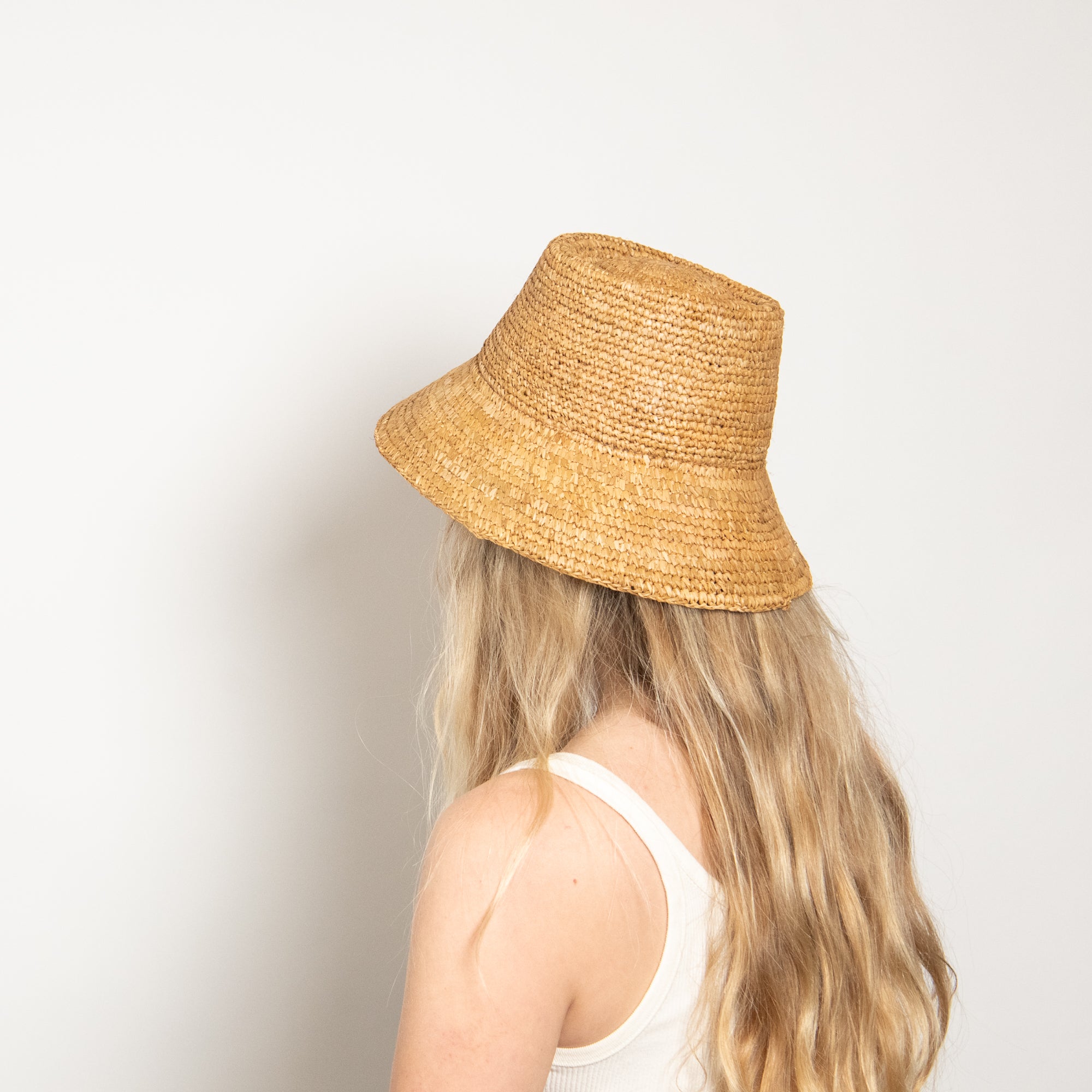 Briar Curved Bucket Hat Crafted in Raffia - Camel - Image 5
