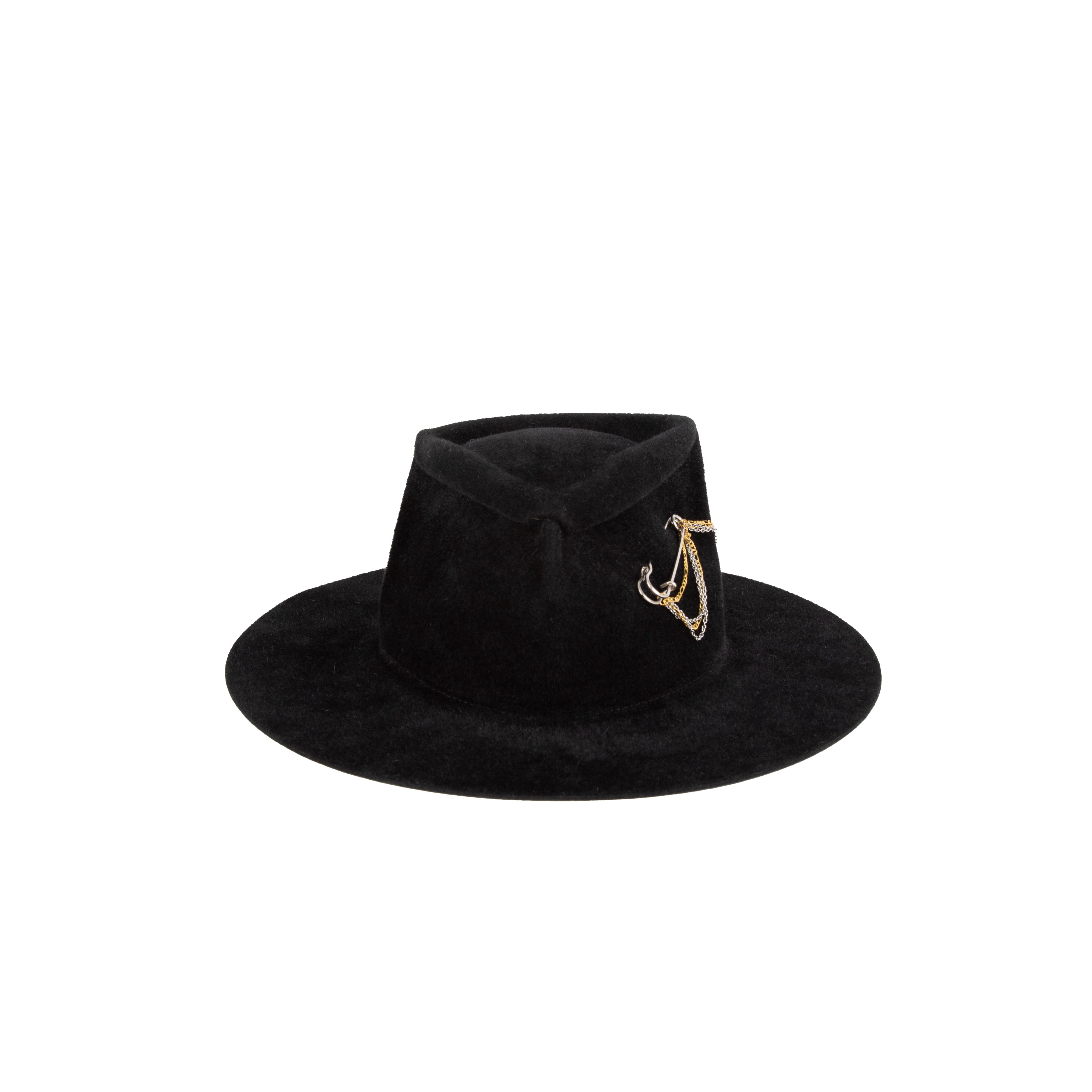 Detailed Polished Black Velour Felt Chain Trim Wide Brim - Image 3