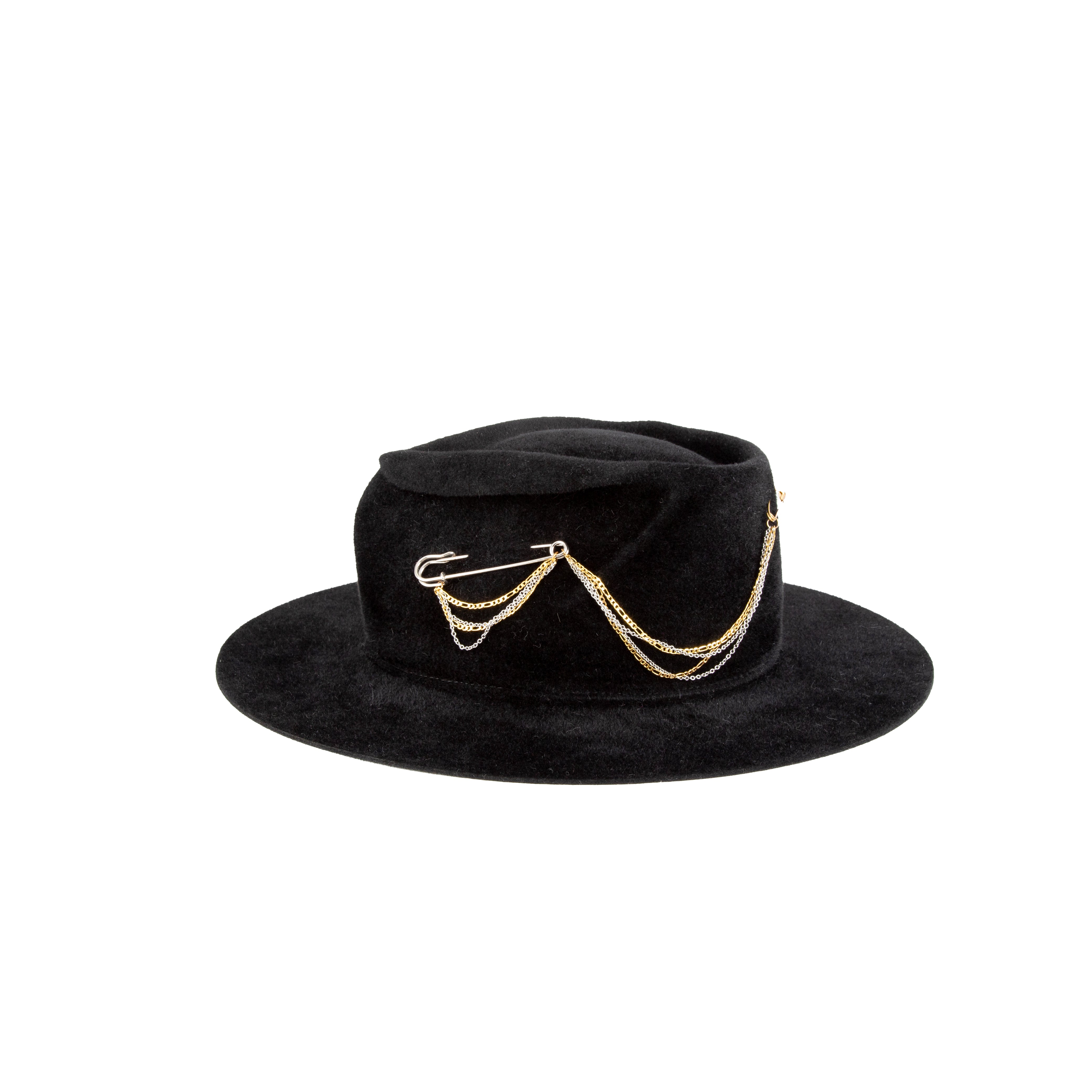 Detailed Polished Black Velour Felt Chain Trim Wide Brim - Image 4