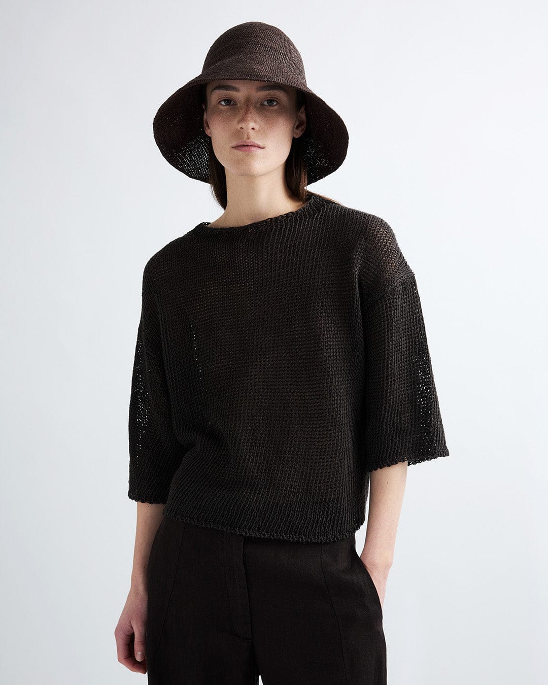 Chocolate Raffia Straw Wide Brim Bucket Hat - Image 4