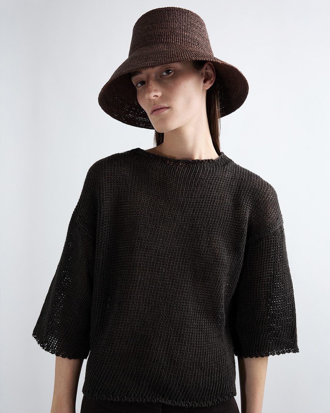 Dark Earth Raffia Straw Wide Brim Bucket Hat - Image 3