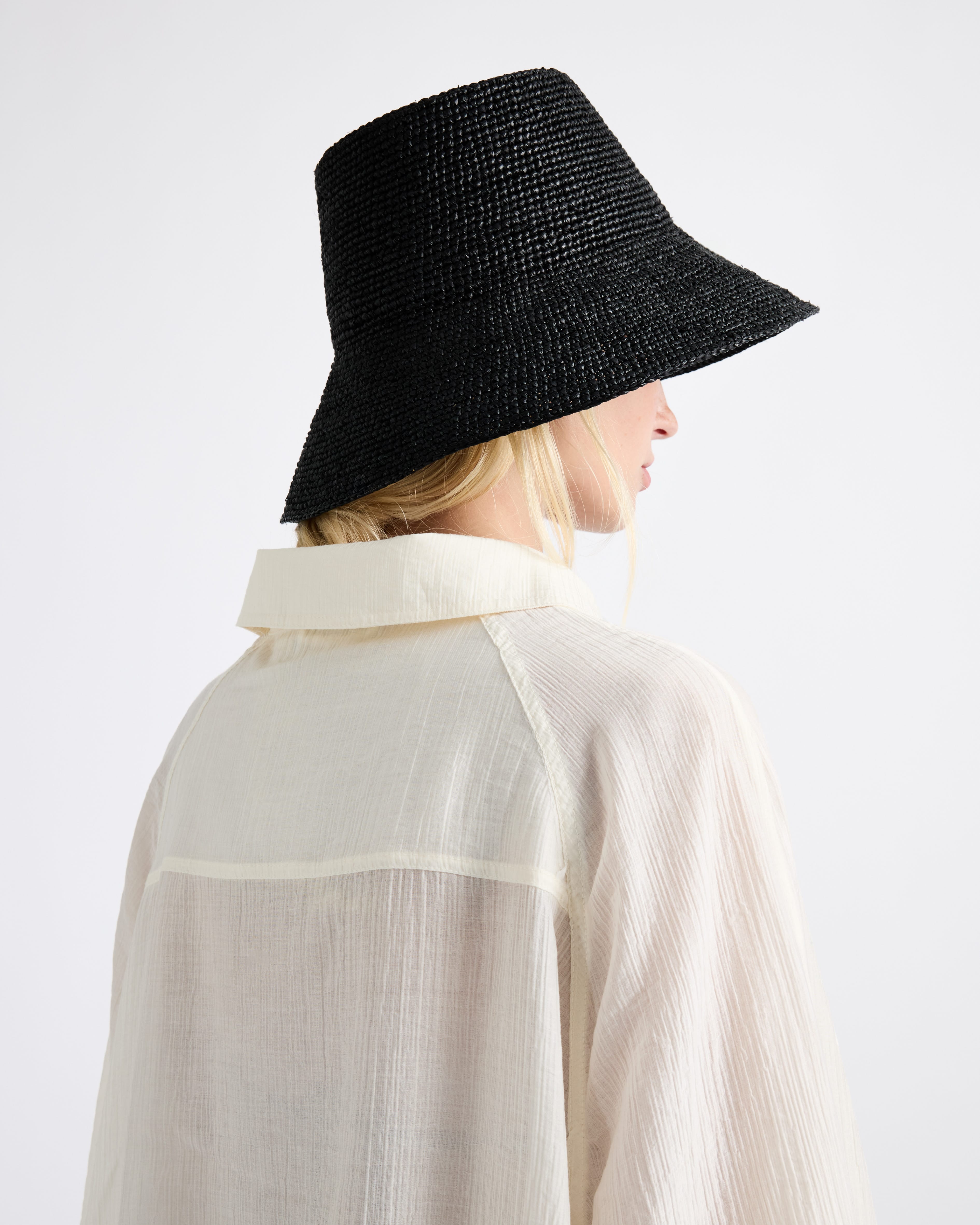 Packable Black Raffia Straw Bucket Sun Hat - Image 4