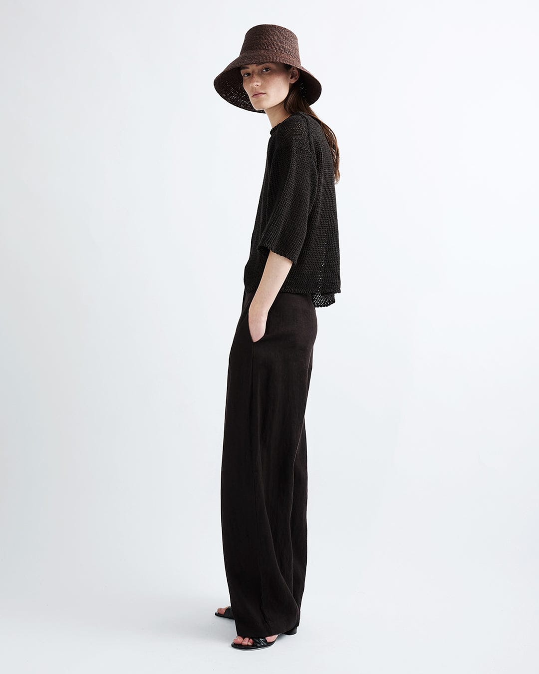 Dark Earth Raffia Straw Wide Brim Bucket Hat - Image 5