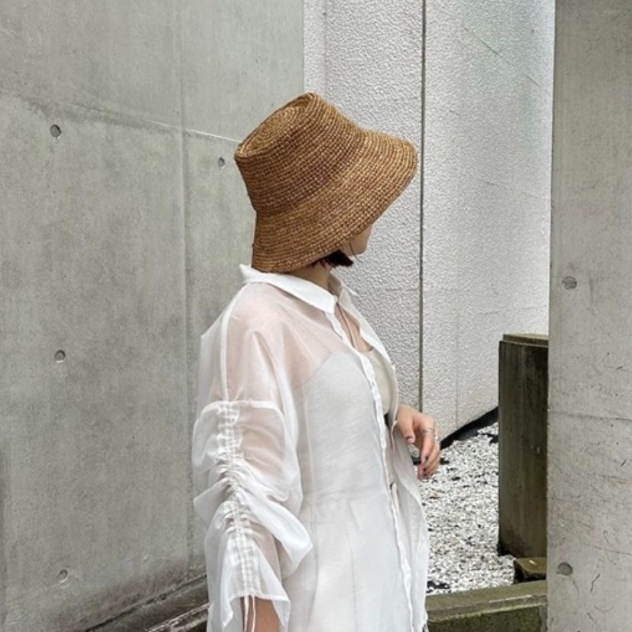 Briar Curved Bucket Hat Crafted in Raffia - Camel - Image 8